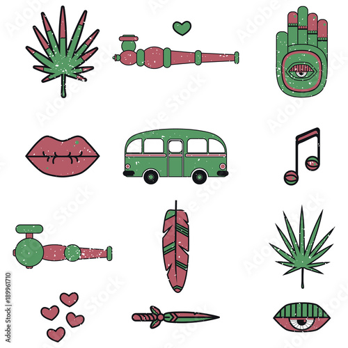 set of elements. Smoking tube, cannabis leaves, eye, lips, feather, bus.