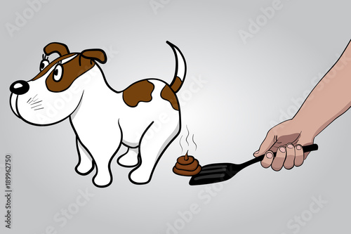 Hand with scoop cleans feces after dog.