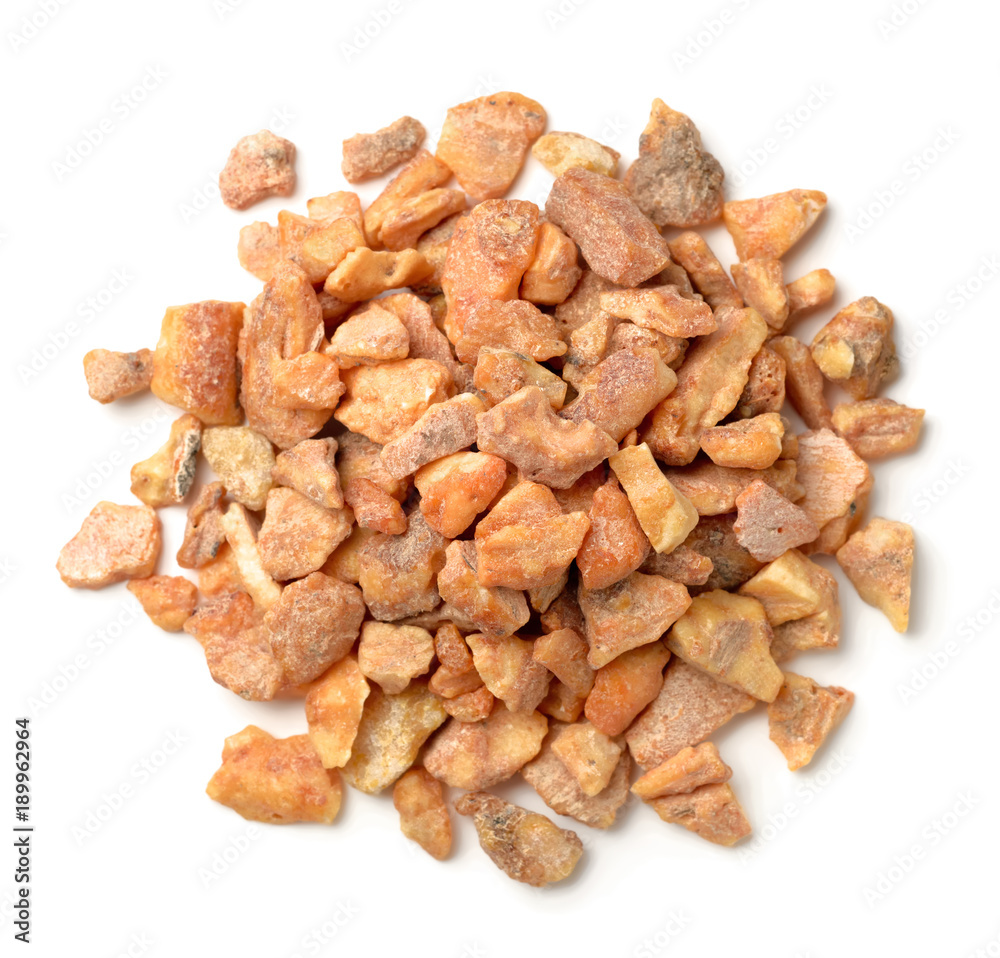 close up of benzoin resin isolated on white, top view close up of benzoin resin isolated on white, top view