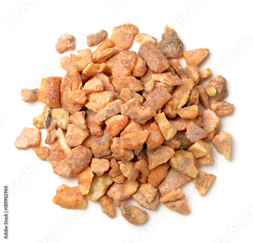 Foto close up of benzoin resin isolated on white, top view