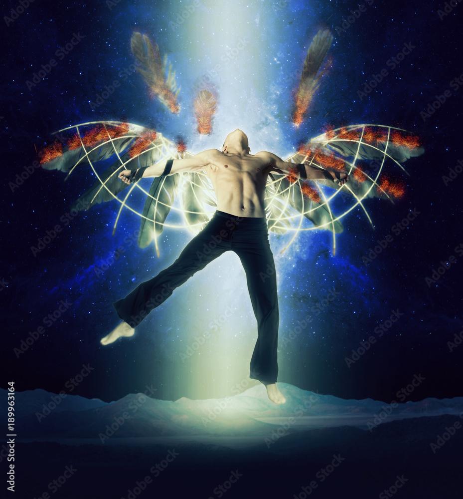 A man with wings on a background of dark sky