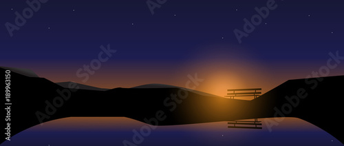 Sunset Dark Blue Orange Sky with Stars and Woodchair and lake Landscape photo