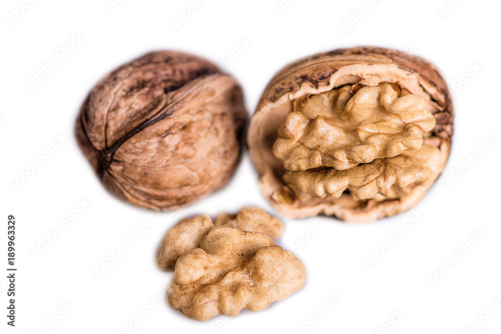 walnuts kernel broken shells on white background walnuts kernel broken shells on white background