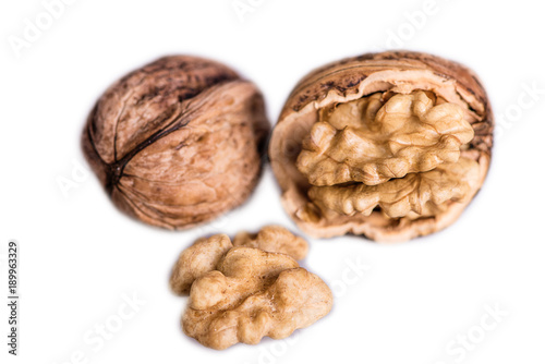 walnuts kernel broken shells on white background 