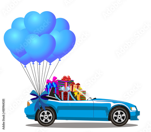 Blue modern opened cartoon cabriolet car with heap of gifts