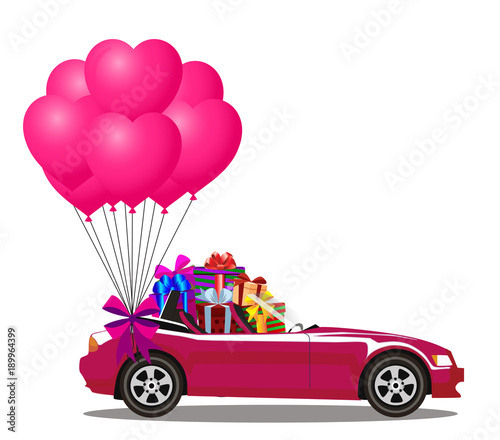 Pink cartoon cabriolet car with presents and bunch of  balloons