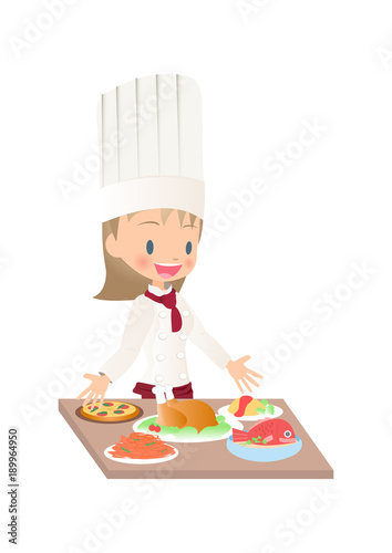 料理を完成させた女性シェフのイラスト画像