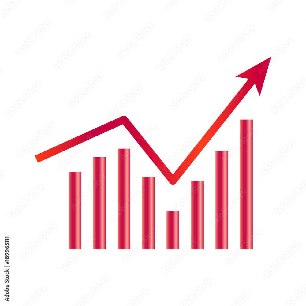 Business graph icon isolated on white background. Growing chart image with arrow up. Vector illustration for banner, template, poster, postcard, web, app, infographics. Business graph icon isolated on white background. Growing chart image with arrow up. Vector illustration for banner, template, poster, postcard, web, app, infographics.