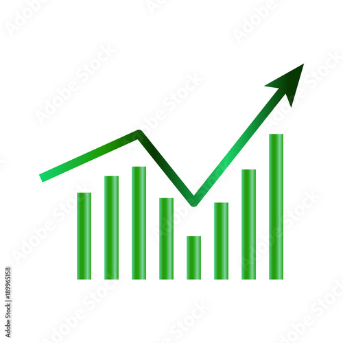 Business graph icon isolated on white background. Downside trend graph, bar chart image with arrow down. Vector illustration for banner, template, poster, postcard, web, app