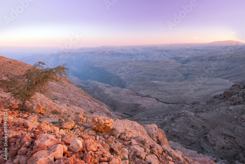 The beautiful rocky landscape of the Arabian desert. The Hajar Mountains, Wadi Fins. Gulf of Oman.