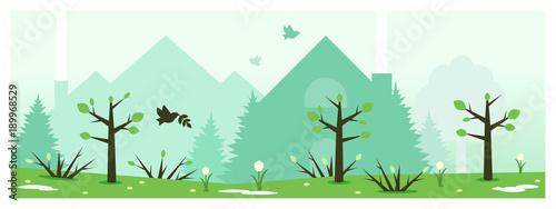Flat vector banner. Illustration of buildings and spring nature.