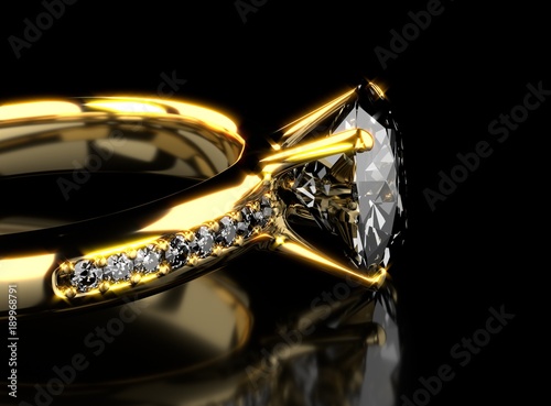Gold diamond ring placed on reflection background, 3d rendering
