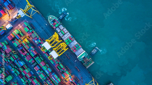 Fotografie Aerial view of container cargo ship, Container Cargo ship in import export logistic, Logistics and transportation of International Container Cargo ship