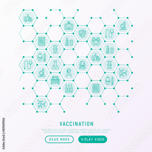 Vaccination concept in honeycombs with thin line icons: vaccine, syringe, ampoule, vial, microscope, virus, DNA, hospital, ambulance. Vector illustration, web page template. © AlexBlogoodf