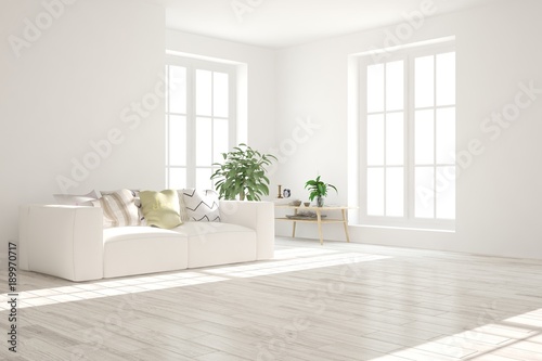 Idea of white minimalist room with sofa. Scandinavian interior design. 3D illustration photo