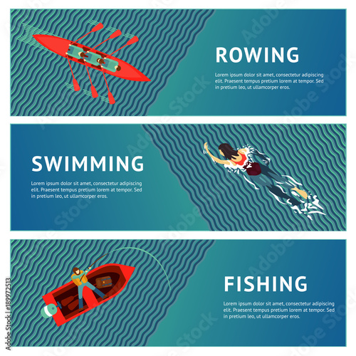 Water sport. Horizontal banners set. People recreation on a river. Flat style illustration.