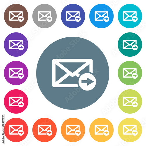 Mail forwarding flat white icons on round color backgrounds