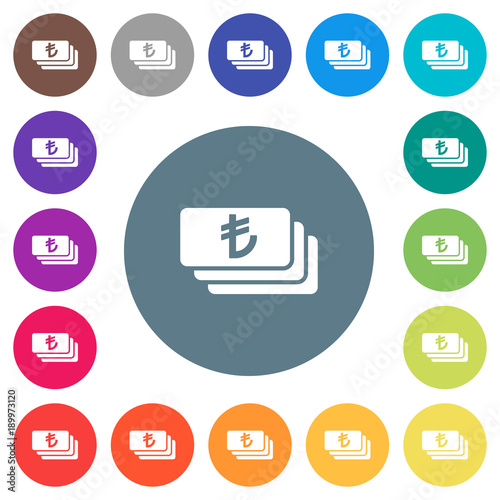 Turkish Lira banknotes flat white icons on round color backgrounds