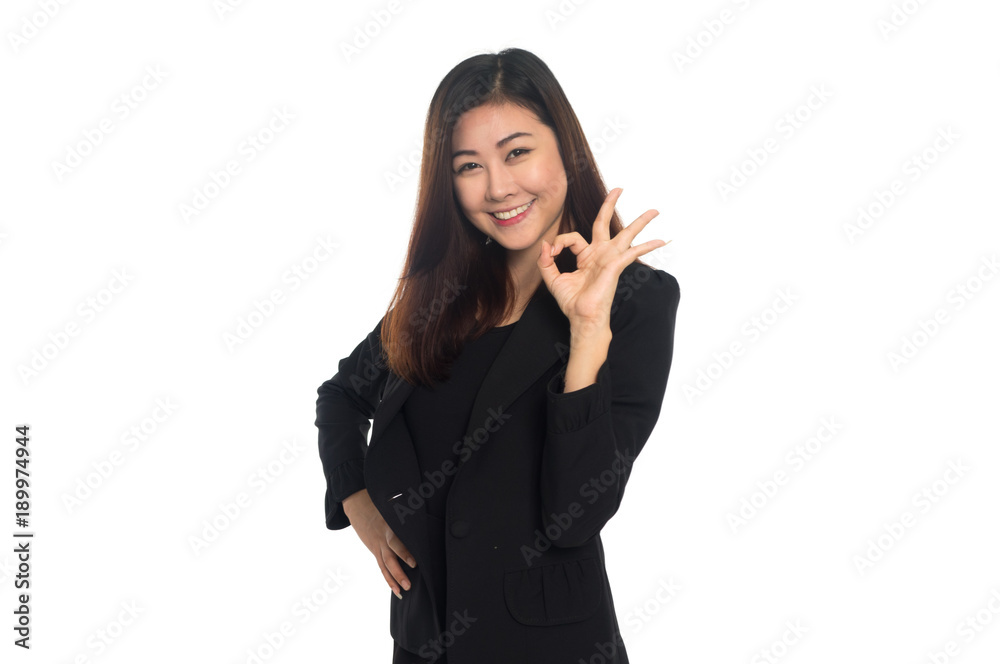 Business woman show ok gesture on white background. Business woman show ok gesture on white background.