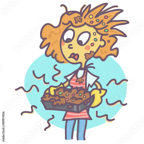 Funny vector cartoon of stressed woman holding bad baked and messy cake.