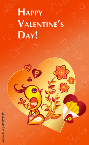 paperart valentine day illustration with chicken, flowers and heart