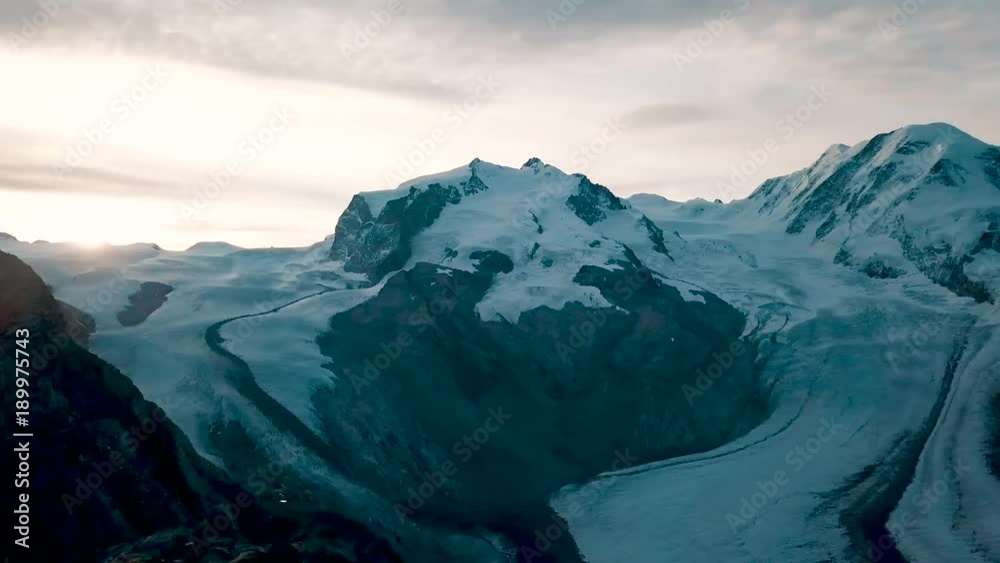 Sunrise aerial panorama shot of the Gorner glacier in Zermatt, Switzerland