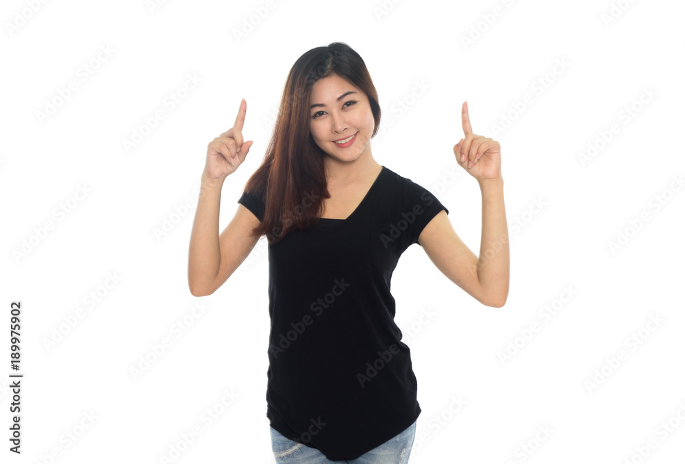 woman pointing up on white woman pointing up on white