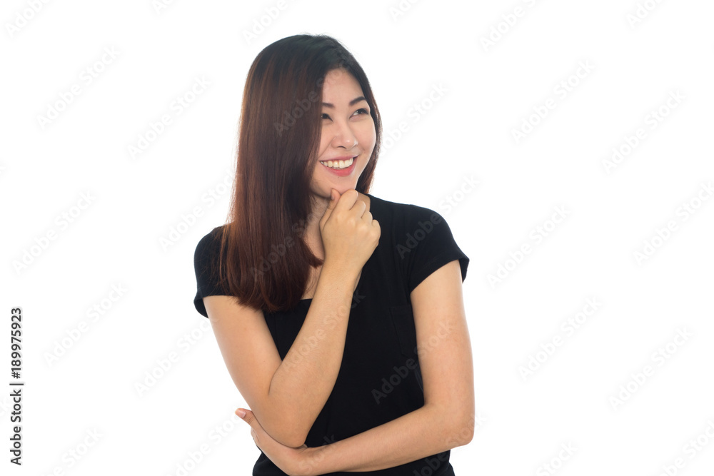Young business woman thinking on white background.