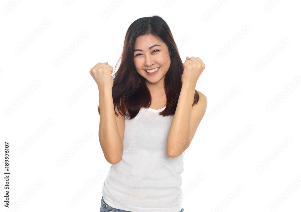 Happy young woman doing victory sign, isolated on white background Happy young woman doing victory sign, isolated on white background