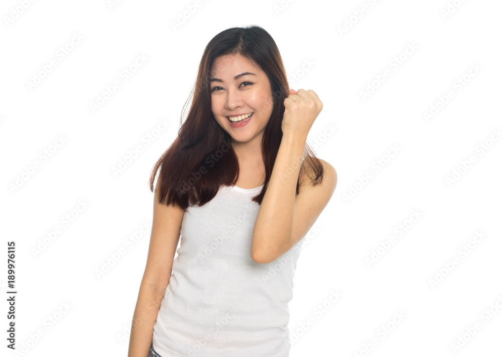 Happy young woman doing victory sign, isolated on white background Happy young woman doing victory sign, isolated on white background
