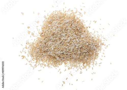 Pile of wheat bran isolated on white background. Top view. Flat lay