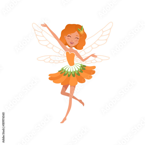 Cheerful red-haired fairy with little magic wings. Cartoon girl wearing beautiful orange flower shaped dress. Fairy-tale character. Colorful flat vector design