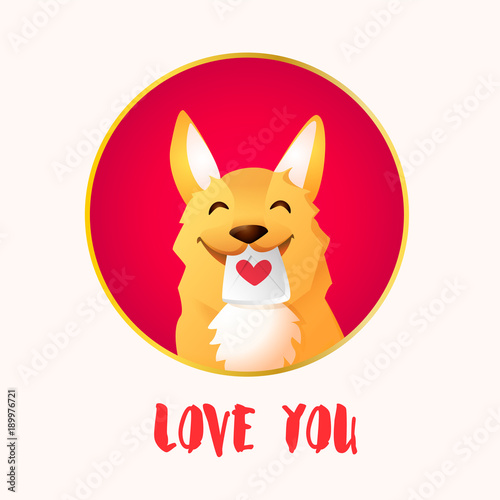 Happy red dog in frame and love letter for Valentines day. Vector card. © yanabear