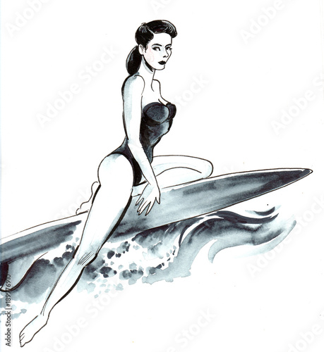Photography Pretty girl on a surfing board
