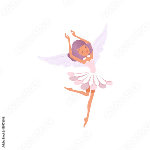 Dancing fairy girl with purple hair wearing flower shaped dress. Beautiful fairytale creature. Imaginary character with little magic wings. Cartoon flat vector design