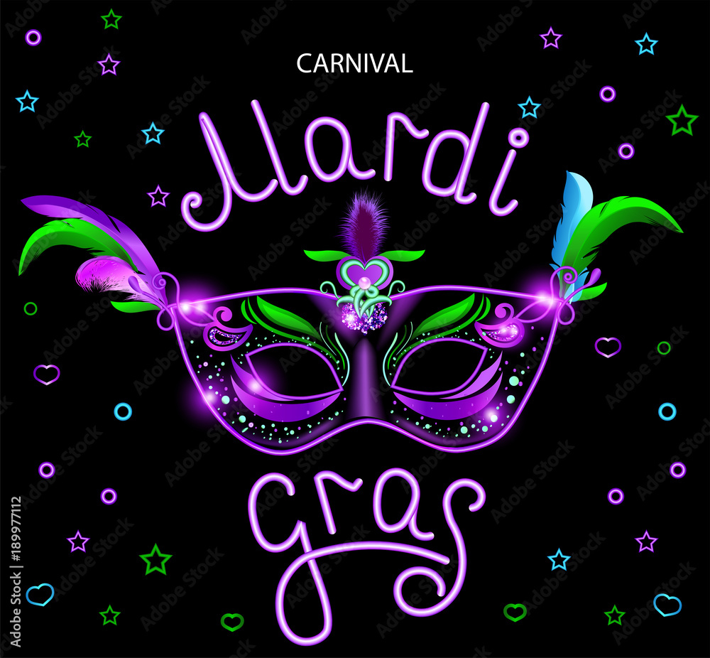 Black carnival mask with violet pink blue feathers on black background. Neon banner. Vector card with handwritten calligraphy text. Mardi gras 