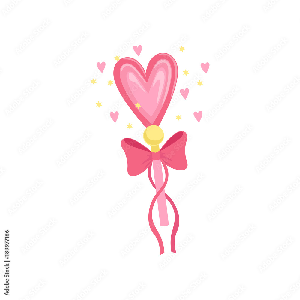 Cartoon illustration of wonderful fairy wand with pink heart and bow with ribbons. Stick with magical power spreading love. Colorful flat vector design