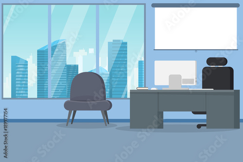 Office interior modern flat vector illustration. Business table with computer monitor and leather chair. Big window with skyscrapers on background and down town business city district.