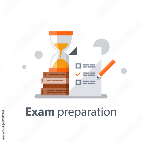 Choosing answer, questionnaire form, exam preparation, school test, checklist and hourglass