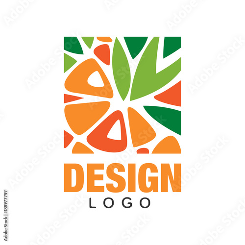 Abstract fruit logo template. Colorful flat vector design for organic shop, juice label, healthy food store or vegetarian cafe. Icon in rectangular shape.