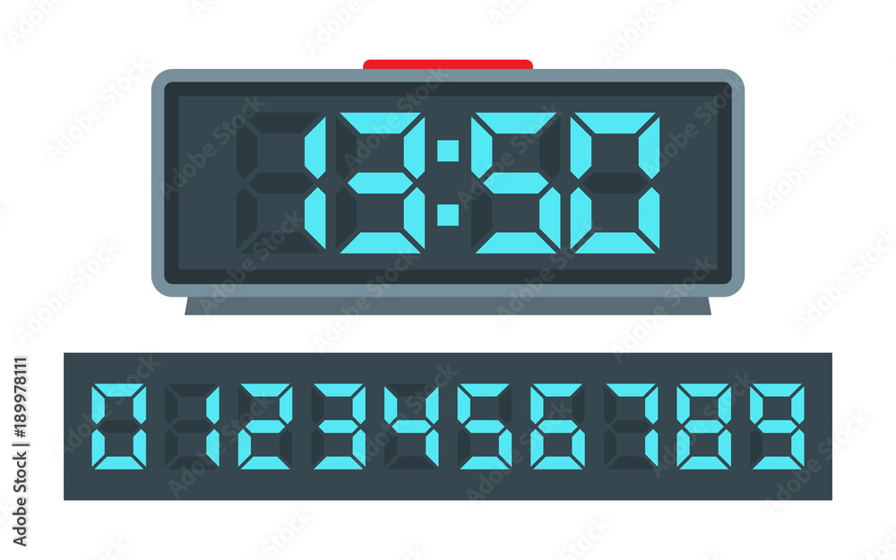 Blue digital clock and set of glowing numbers Blue digital clock and set of glowing numbers