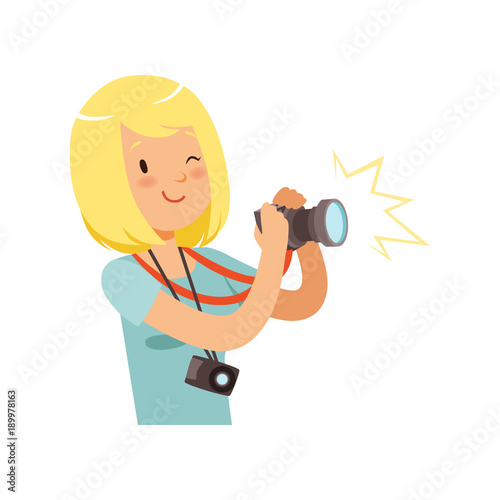 Girl taking pictures, young professional photographer character vector Illustration