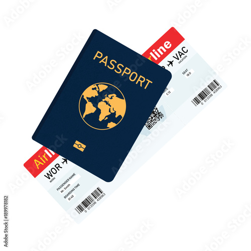 passport with tickets, passport and boarding pass tickets icon photo