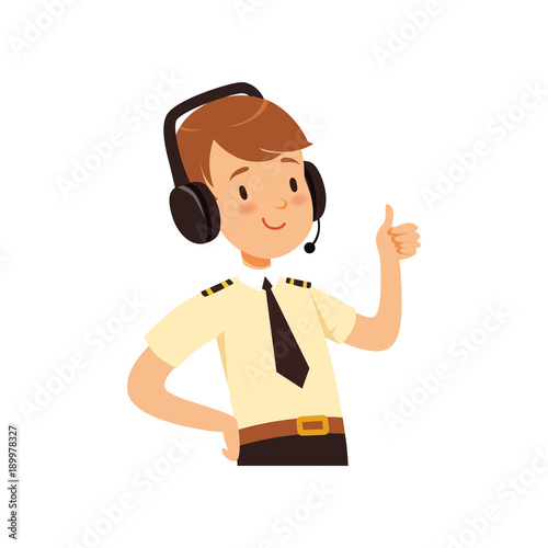 Air traffic controller character, boy in uniform with headset of vector Illustration