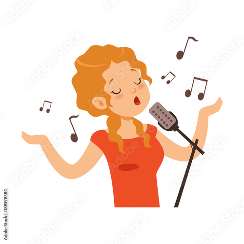 Fototapeta Girl singing with microphone, singer character cartoon vector Illustration