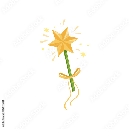 Colorful icon of fairy s wand with big golden star and yellow bow. Magic stick spreading bright sparkling lights. Witchcraft concept. Cartoon flat vector design