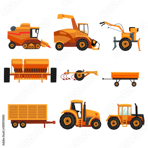Set with different heavy machinery used in agriculture industry. Farm vehicle. Tractor, trailer, crawler, combine harvester, plowing equipment. Flat vector design