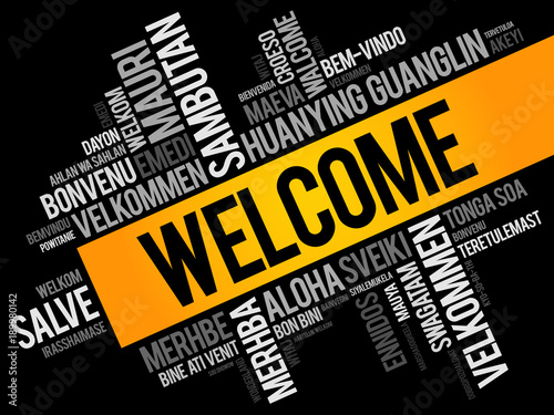 WELCOME word cloud in different languages, conceptual background