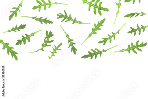 rucola or arugula leaf isolated on white background with copy space for your text. . Top view. Flat lay pattern