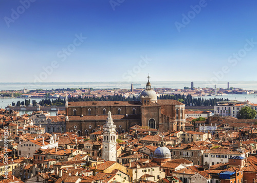 Panorama view of the roofs of Venice from the top of the St Mark's bell tower ( San Marco Campanile ) of St. Mark's Basilica in Venice, located on St. Mark's Square in Venice, Italy